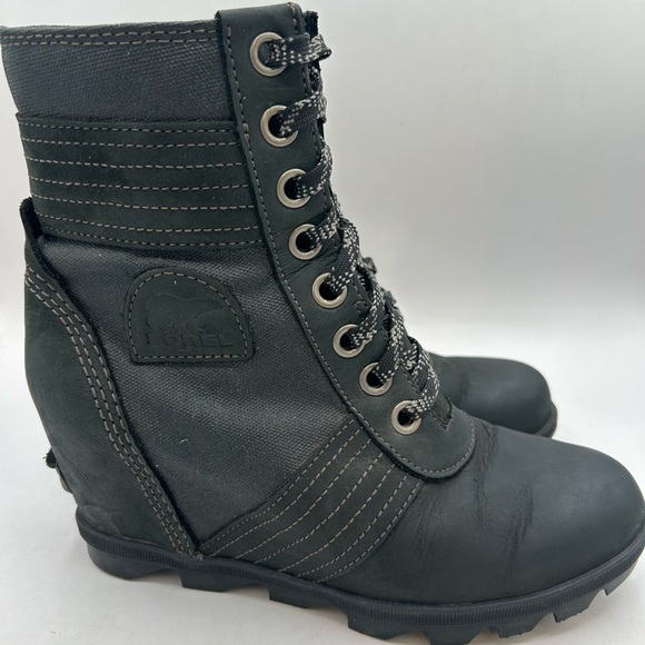 Sorel Lexie Wedge Lace Up Waterproof Leather Boot Bootie black size 8 - Picture 2 of 8